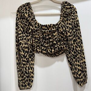 Topshop Leopard Print Ruched Long Sleeve Crop Top - Tan & Black